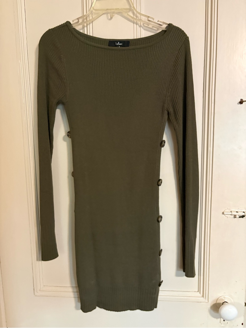 Lulu's Olive Ribbed Side-Button Long Sleeve Dress